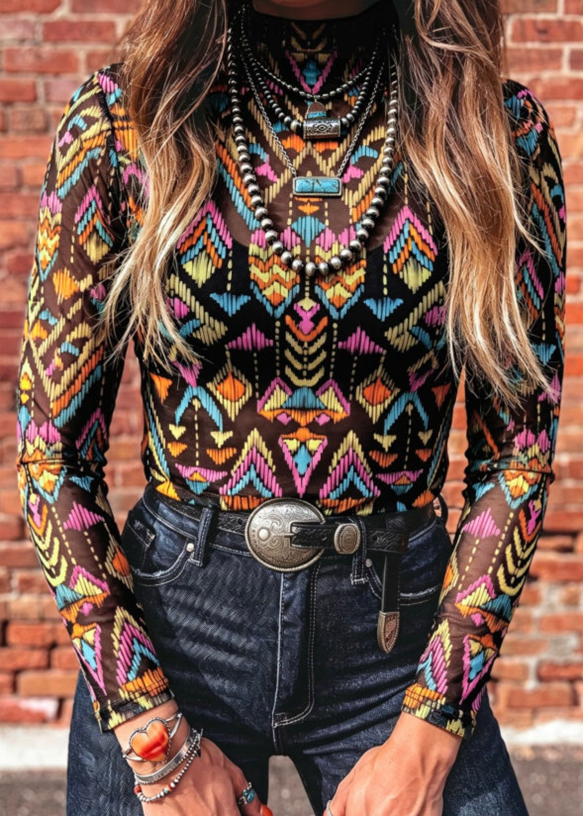 Color black Abstract Print Long Sleeve Stand Neck Mesh Top
