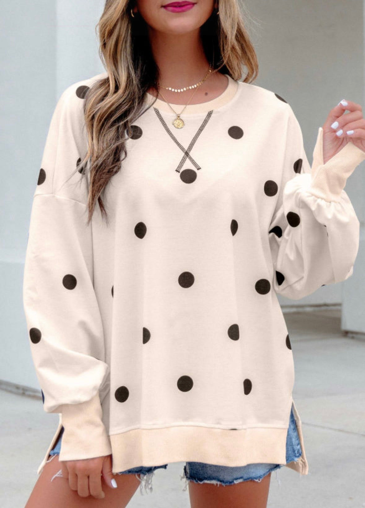 Beige Polka Dot Oversized Top