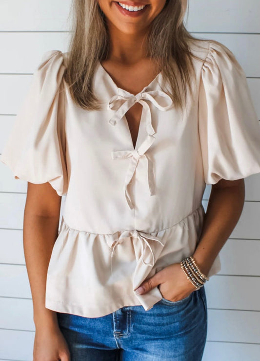 White Bow Tie Short Puff Sleeve Ruffle Hem Blouse