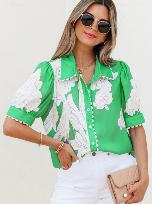 Green Floral Ric Rac Edge Puff Sleeve Button Up Top