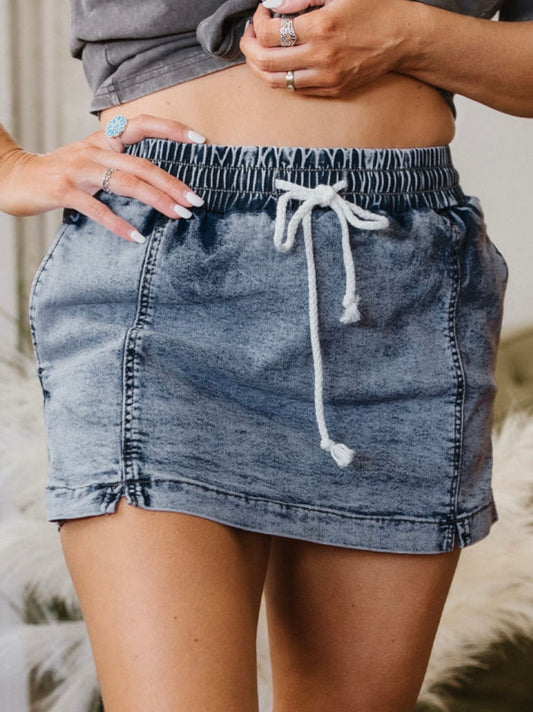 Dusk Blue Drawstring High Waisted Pocket Skort