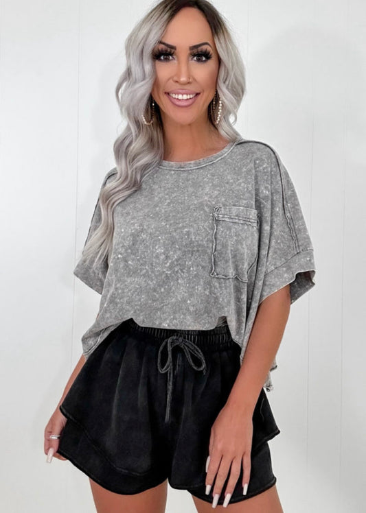 Black Mineral Wash Tiered Shorts
