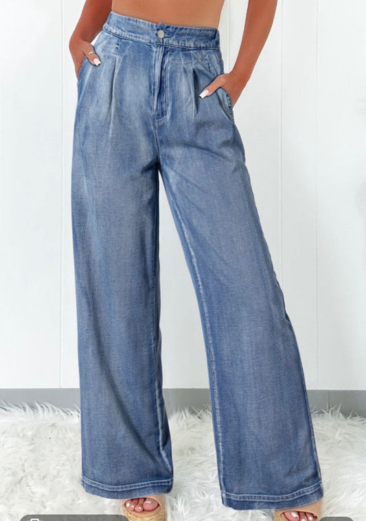 Dusk Blue Acid Washed Wide Leg High Waisted Jeans