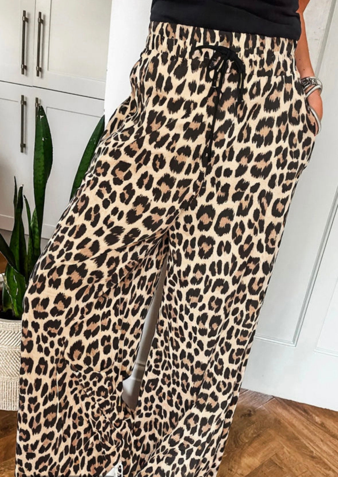 Parchment Leopard Drawstring Casual Wide Leg Pant