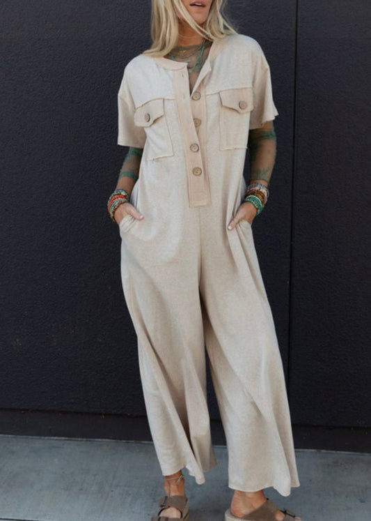Beige Half Placket Chest Pockets Jumpsuit