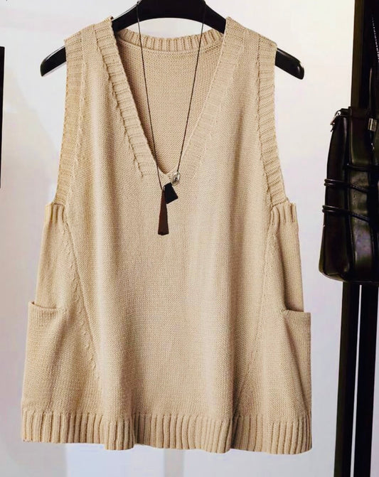 Khaki Knit Solid Casual Vest