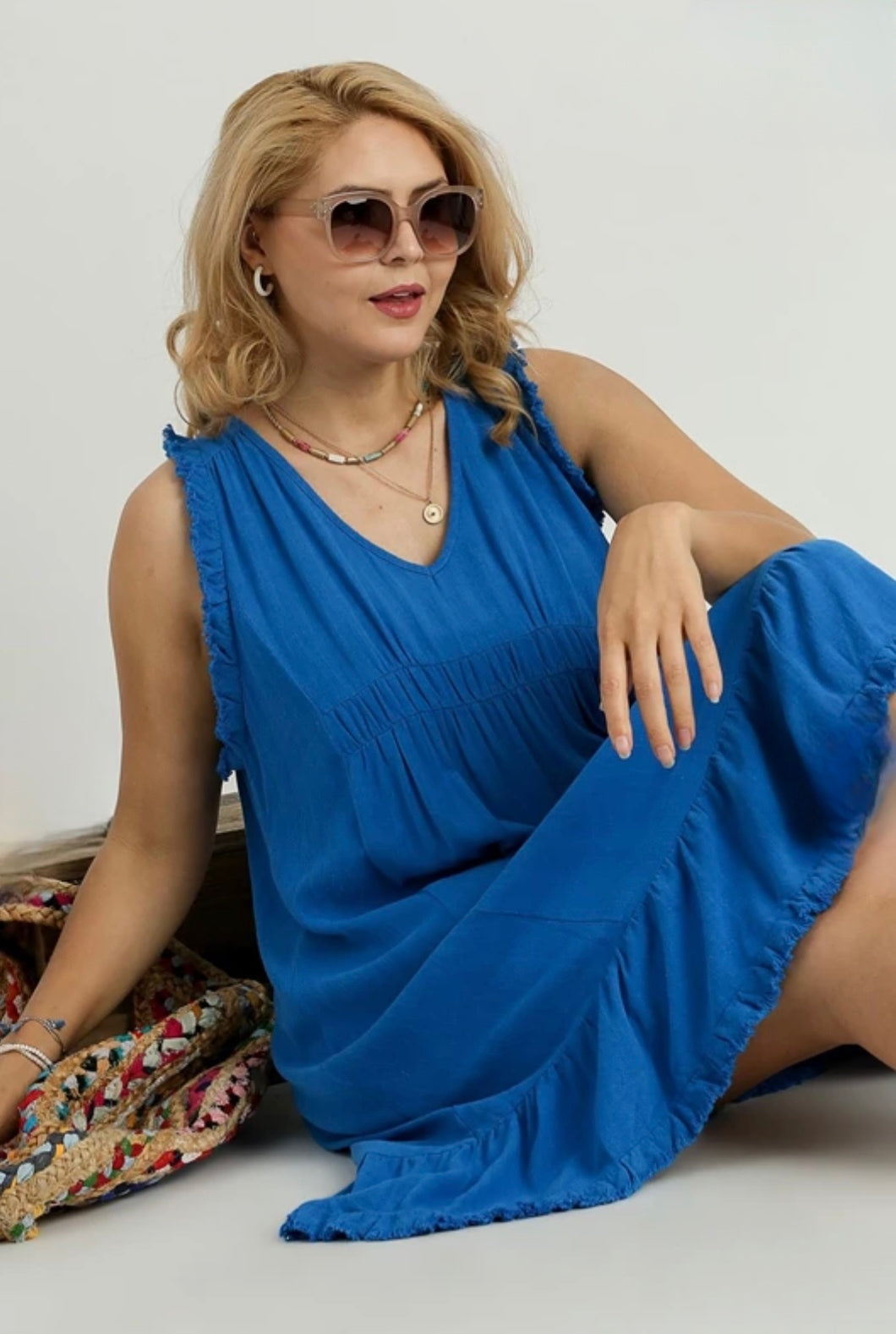 Sleeveless Cobalt V-Neck Linen Dress
