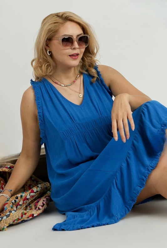 Sleeveless Cobalt V-Neck Linen Dress