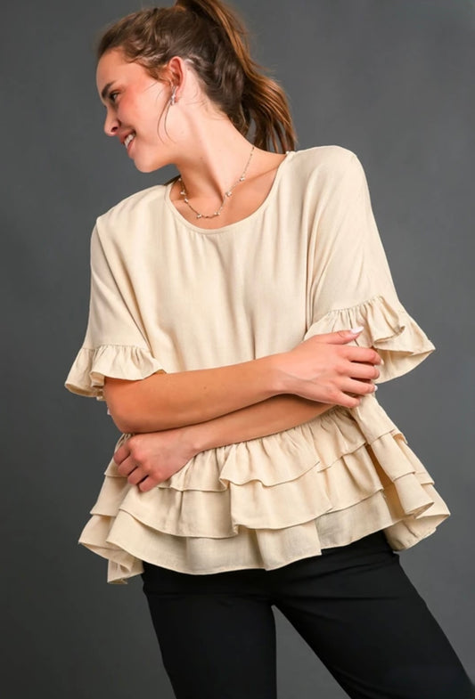 Ruffle Tiers Linen Round Neck Top
