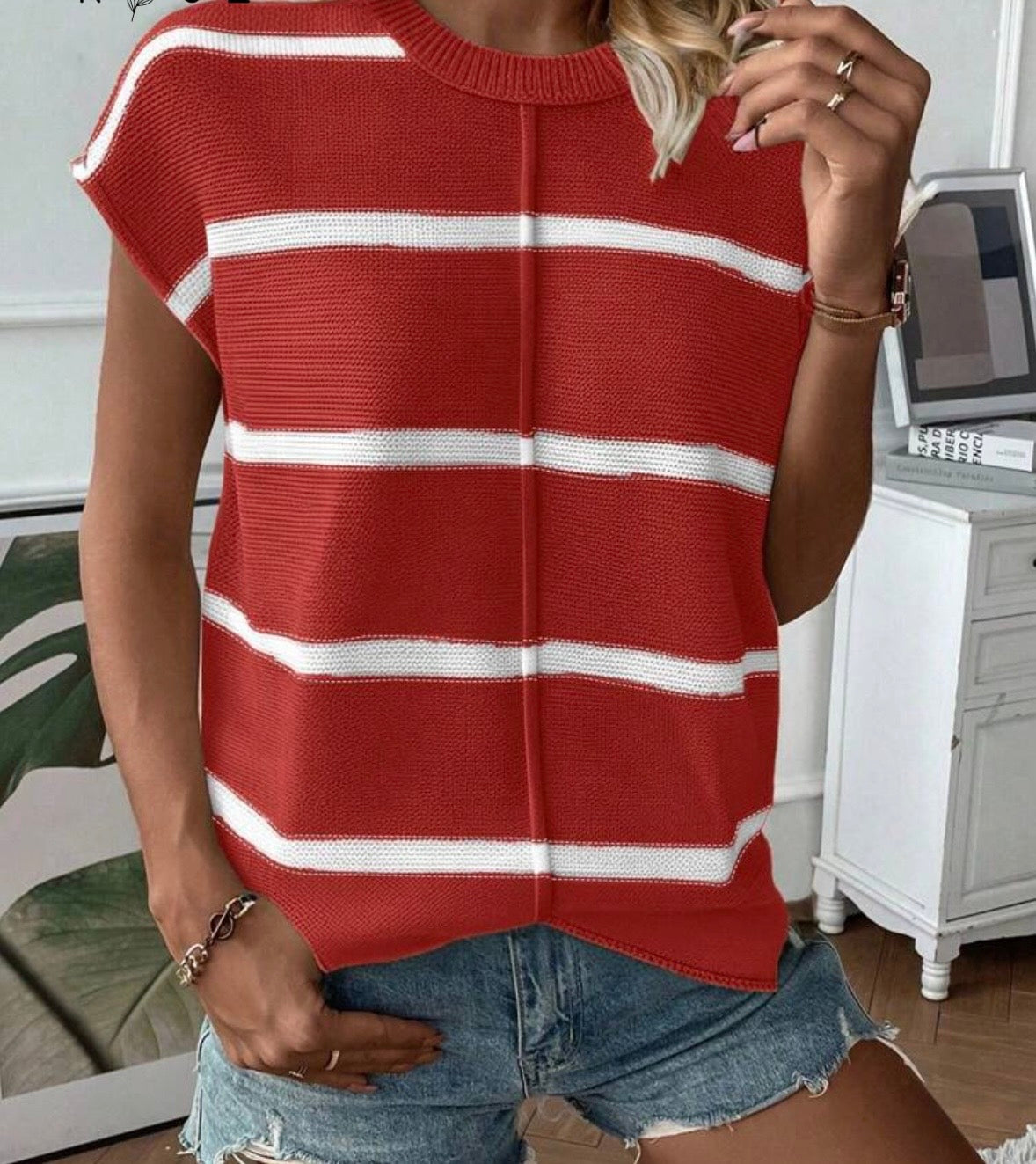 Red/White Striped Knit Loose Top
