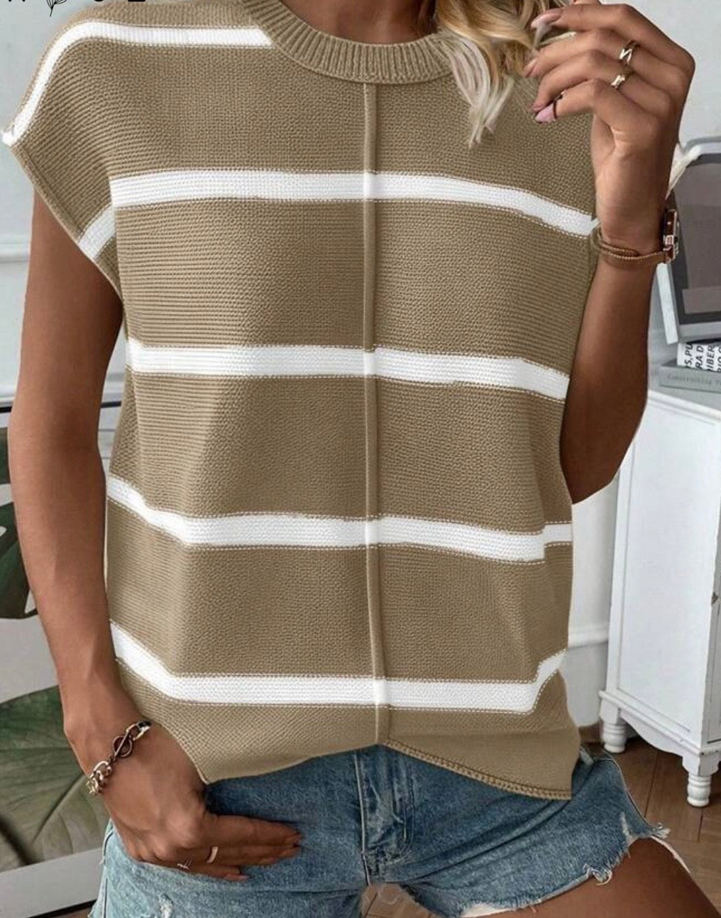 Khaki/White Striped Loose Knit Top