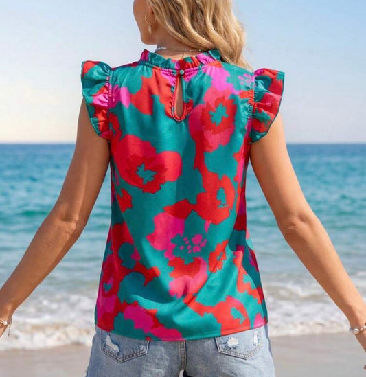 Floral Turquoise Cap Sleeve Top