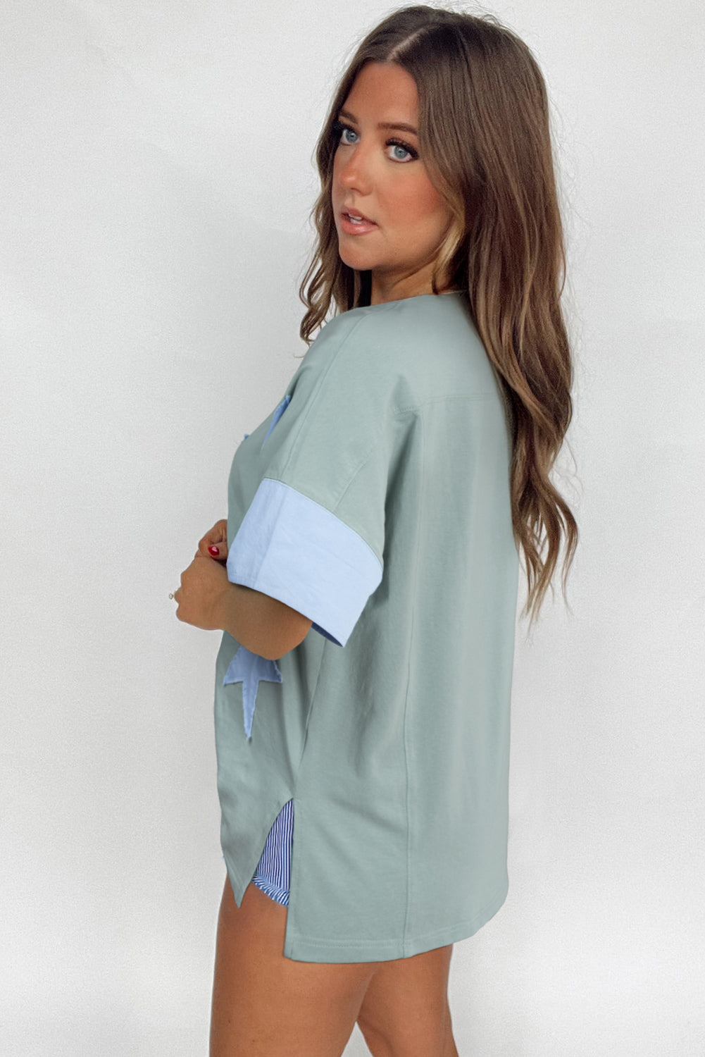 Smoke Green Denim Star Patch Top