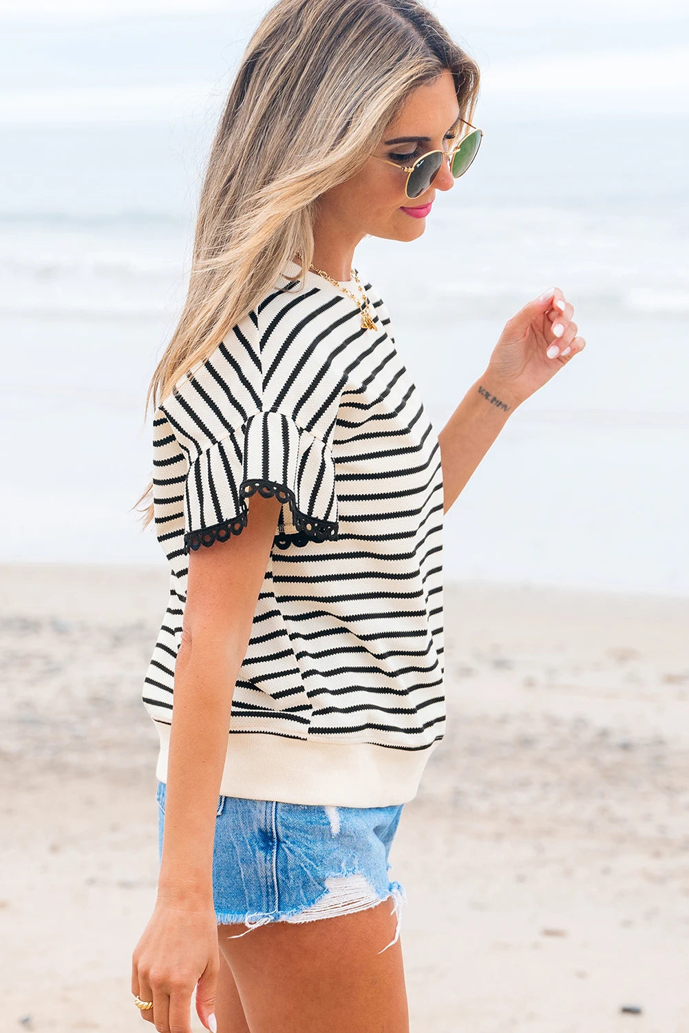 Black Stripe Scallop Lace Trim Top