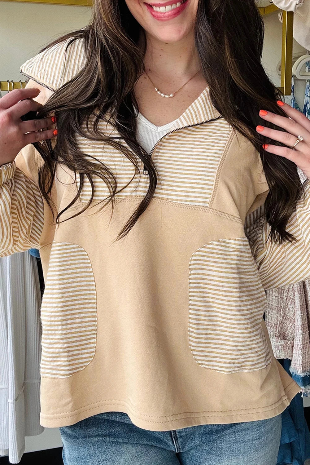 Tan Stripe Quarter Zip Top