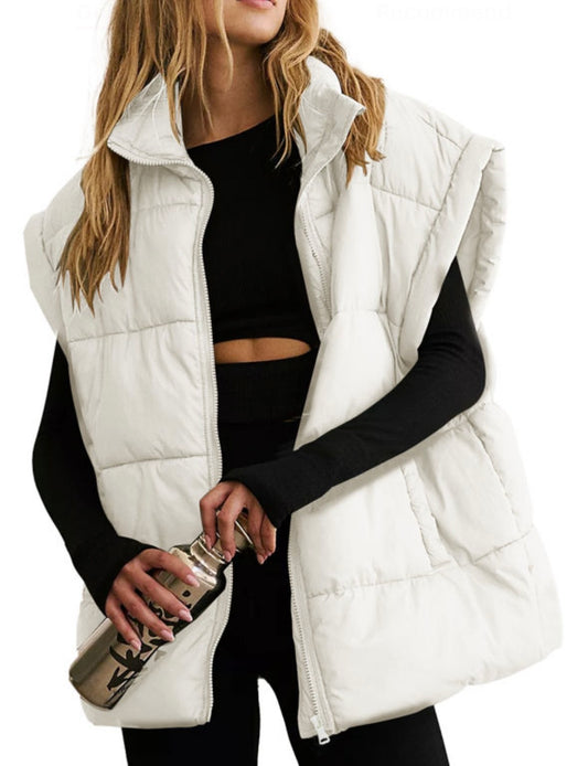 Beige ZipperStand Neck Over Sized Puffer Vest
